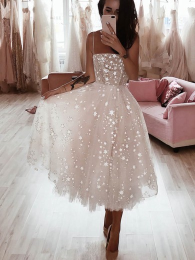 A-line Square Neckline Glitter Tea-length Prom Dresses #Favs020108410