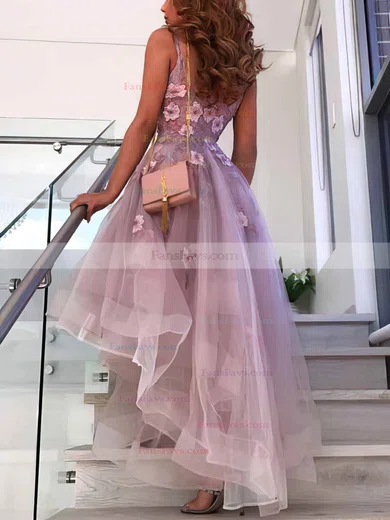 A-line V-neck Organza Asymmetrical Flower(s) Prom Dresses #Favs020108424