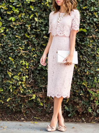 A-line Scoop Neck Lace Tea-length Prom Dresses #Favs020108600