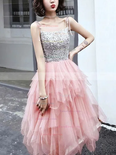 A-line Square Neckline Tulle Sequined Knee-length Tiered Prom Dresses #Favs020108778