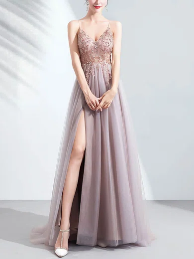 A-line V-neck Tulle Sweep Train Beading Prom Dresses #Favs020108513