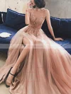 A-line V-neck Tulle Sweep Train Beading Prom Dresses #Favs020108513