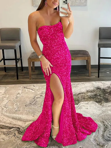 Trumpet/Mermaid Strapless Sequined Floor-length Split Front Prom Dresses #Favs020108012