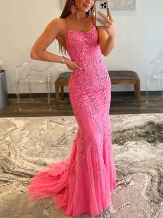 Sheath/Column Scoop Neck Tulle Sweep Train Appliques Lace Prom Dresses #Favs020108008