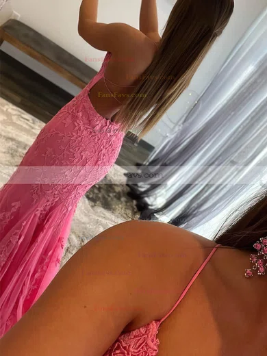 Sheath/Column Scoop Neck Tulle Sweep Train Appliques Lace Prom Dresses #Favs020108008