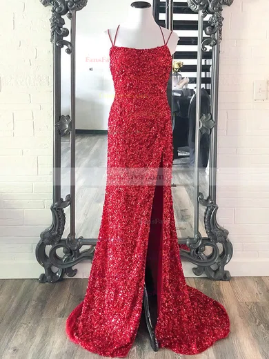 Sheath/Column Scoop Neck Sequined Sweep Train Split Front Prom Dresses #Favs020108039