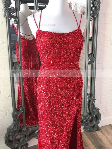 Sheath/Column Scoop Neck Sequined Sweep Train Split Front Prom Dresses #Favs020108039