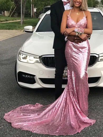 Trumpet/Mermaid Halter Sequined Sweep Train Prom Dresses #Favs020108278