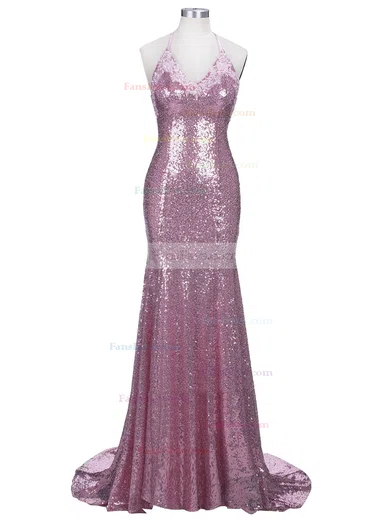 Trumpet/Mermaid Halter Sequined Sweep Train Prom Dresses #Favs020108278