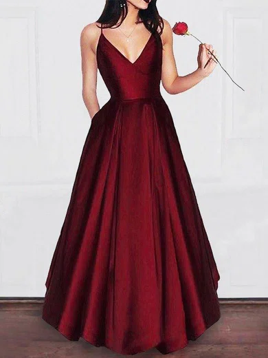 A-line V-neck Satin Sweep Train Pockets Prom Dresses #Favs020107970