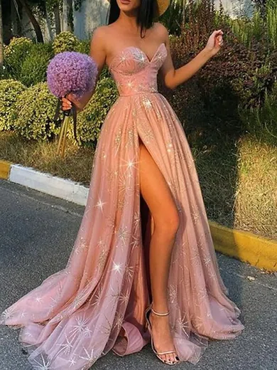A-line Strapless Tulle Sweep Train Split Front Prom Dresses #Favs020107974