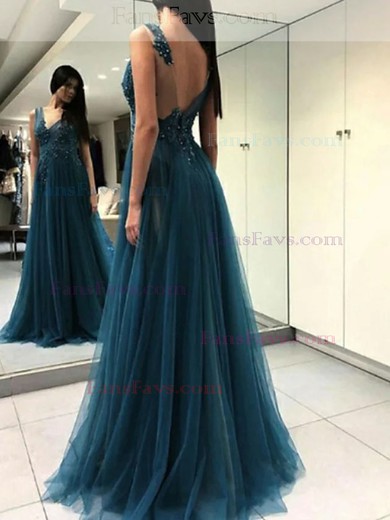 A-line Scoop Neck Tulle Sweep Train Beading Prom Dresses #Favs020107976