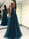 A-line Scoop Neck Tulle Sweep Train Beading Prom Dresses #Favs020107976