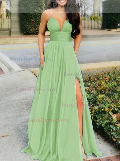 A-line V-neck Silk-like Satin Sweep Train Split Front Prom Dresses #Favs020107977