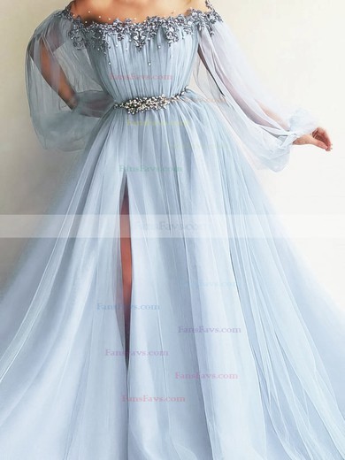 A-line Off-the-shoulder Tulle Sweep Train Sashes / Ribbons Prom Dresses #Favs020107981