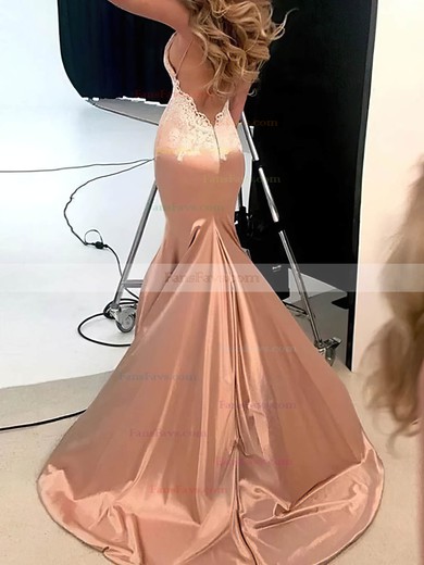 Trumpet/Mermaid V-neck Silk-like Satin Sweep Train Appliques Lace Prom Dresses #Favs020107987