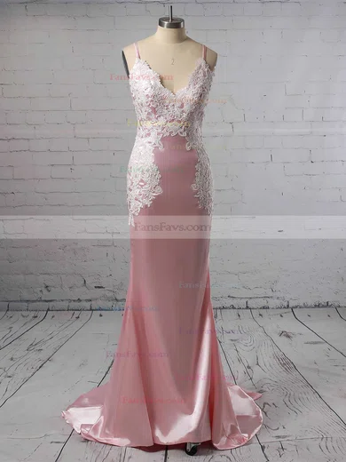 Trumpet/Mermaid V-neck Silk-like Satin Sweep Train Appliques Lace Prom Dresses #Favs020107987