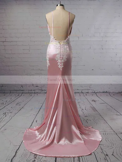 Trumpet/Mermaid V-neck Silk-like Satin Sweep Train Appliques Lace Prom Dresses #Favs020107987