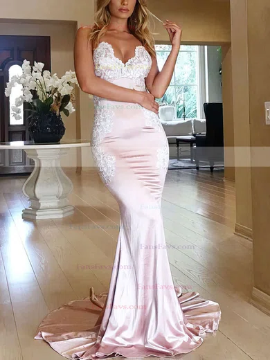 Trumpet/Mermaid V-neck Silk-like Satin Sweep Train Appliques Lace Prom Dresses #Favs020107987
