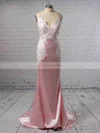 Trumpet/Mermaid V-neck Silk-like Satin Sweep Train Appliques Lace Prom Dresses #Favs020107987