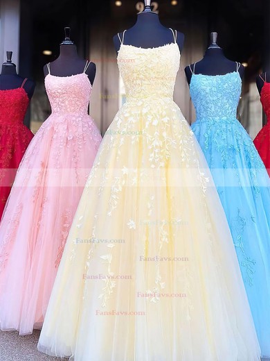 A-line Scoop Neck Tulle Sweep Train Appliques Lace Prom Dresses #Favs020107990