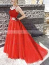A-line Scoop Neck Tulle Sweep Train Appliques Lace Prom Dresses #Favs020107990