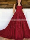 A-line Scoop Neck Tulle Sweep Train Appliques Lace Prom Dresses #Favs020107990