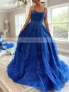 A-line Scoop Neck Tulle Sweep Train Appliques Lace Prom Dresses #Favs020107990