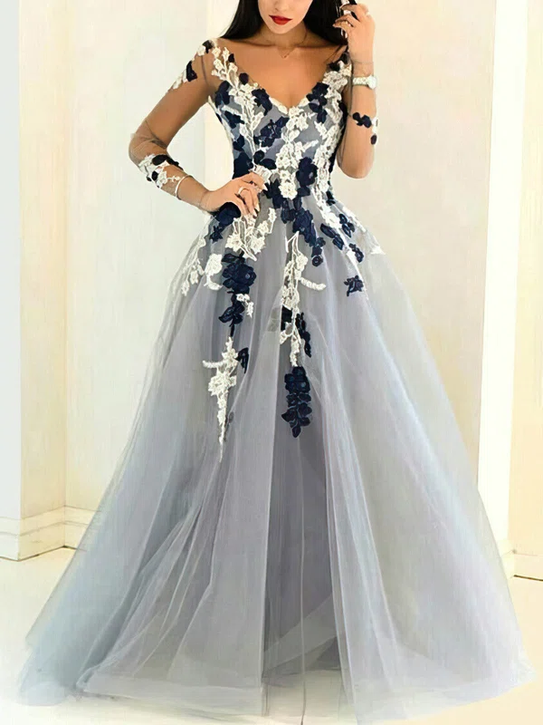 A-line V-neck Tulle Lace Sweep Train Appliques Lace Prom Dresses #Favs020107991