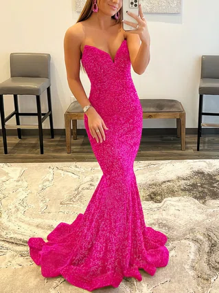 Trumpet/Mermaid V-neck Sequined Floor-length Prom Dresses #Favs020108005