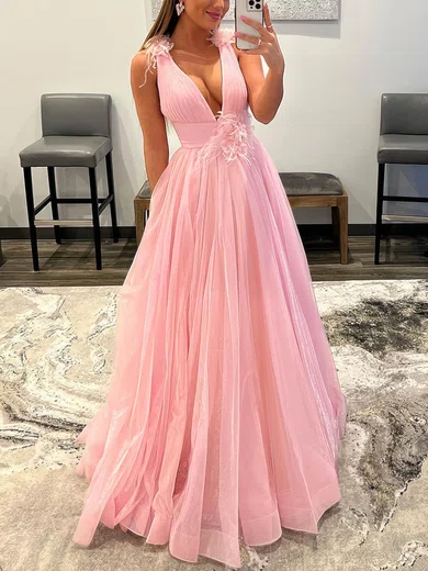 A-line V-neck Organza Floor-length Flower(s) Prom Dresses #Favs020108006