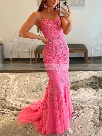 Sheath/Column Scoop Neck Tulle Floor-length Appliques Lace Prom Dresses #Favs020108009