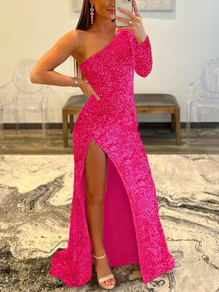 Sheath/Column One Shoulder Sequined Floor-length Split Front Prom Dresses #Favs020108013