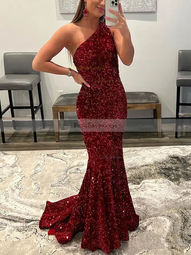 Trumpet/Mermaid One Shoulder Sequined Floor-length Prom Dresses #Favs020108016
