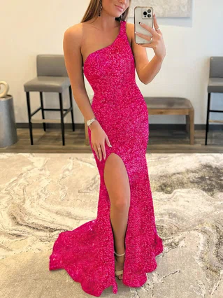Trumpet/Mermaid One Shoulder Sequined Sweep Train Split Front Prom Dresses #Favs020108018
