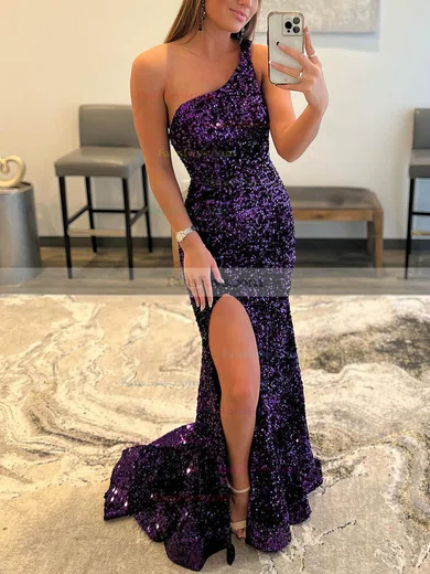 Trumpet/Mermaid One Shoulder Sequined Sweep Train Split Front Prom Dresses #Favs020108018