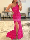 Trumpet/Mermaid One Shoulder Sequined Sweep Train Split Front Prom Dresses #Favs020108018