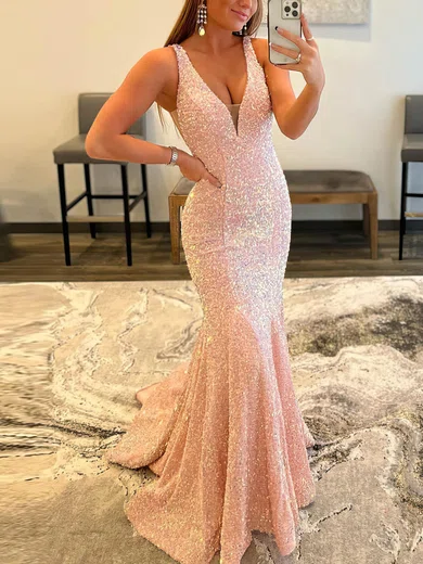 Trumpet/Mermaid V-neck Sequined Floor-length Prom Dresses #Favs020108019