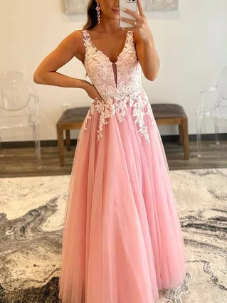 A-line V-neck Tulle Floor-length Beading Prom Dresses #Favs020108025 A-line V-neck Tulle Floor-length Beading Prom Dresses #Favs020108025