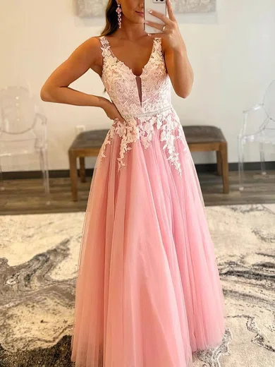 A-line V-neck Tulle Floor-length Beading Prom Dresses #Favs020108025