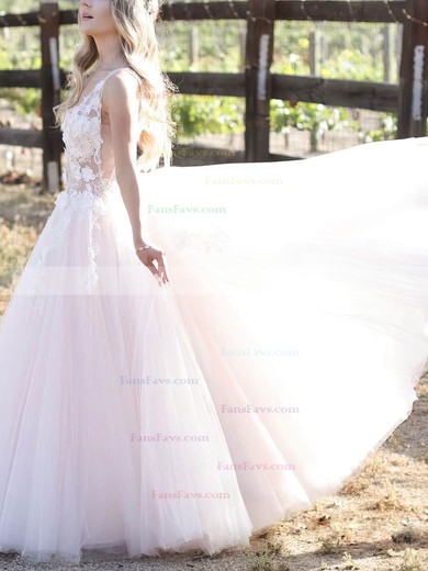A-line V-neck Tulle Floor-length Appliques Lace Prom Dresses #Favs020108026