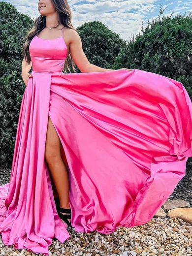 A-line Scoop Neck Silk-like Satin Sweep Train Split Front Prom Dresses #Favs020108027