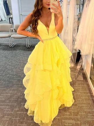 A-line V-neck Tulle Floor-length Beading Prom Dresses #Favs020108032 A-line V-neck Tulle Floor-length Beading Prom Dresses #Favs020108032