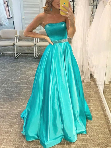 A-line Strapless Satin Floor-length Beading Prom Dresses #Favs020108033