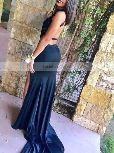 Sheath/Column High Neck Jersey Sweep Train Appliques Lace Prom Dresses #Favs020103577