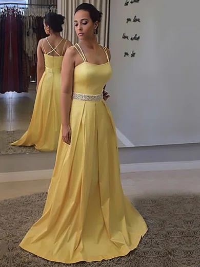 A-line Square Neckline Satin Sweep Train Beading Prom Dresses #Favs020105212