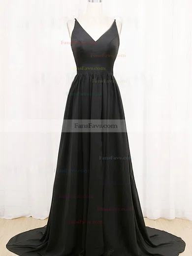 A-line V-neck Silk-like Satin Sweep Train Split Front Prom Dresses #Favs020108036