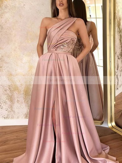 Princess One Shoulder Satin Floor-length Ruffles Prom Dresses #Favs020108041