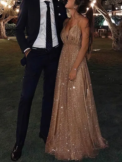 A-line V-neck Glitter Floor-length Prom Dresses #Favs020108043