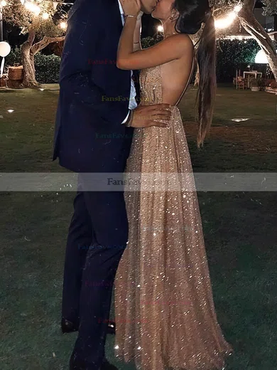 A-line V-neck Glitter Floor-length Prom Dresses #Favs020108043